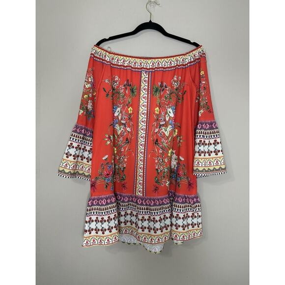 NWT Umgee Womens Red Floral Off The Shoulder Dress Scarf Print Size Small - Picture 2 of 9